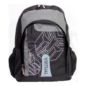 Backpack with black and gray panels, white geometric circuit pattern, and a light blue tag reading 'VIRTUAL' on the front pocket.