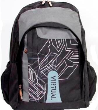 ETB8996BK - Computech-Solutions Backpack with black and gray panels, white geometric circuit pattern, and a light blue tag reading 'VIRTUAL' on the front pocket.