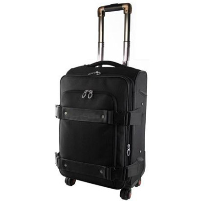 ETT11700 - Computech-Solutions Black carry-on rolling suitcase with an extendable telescoping handle, front zip pocket, side straps, and four wheels on a white background.