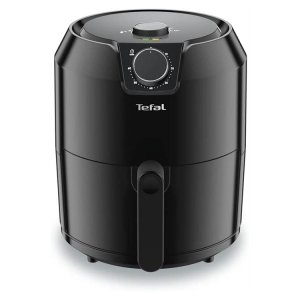Black Tefal air fryer with a front pull-out basket handle and a circular dial control on top.