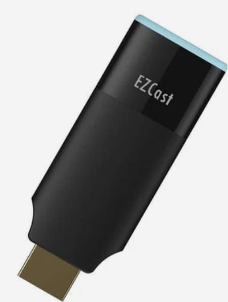 EZCAST 2 ComputechSolutions EZCast wireless display dongle (black USB adaptor) with a blue rim, angled view