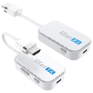 White EZCast TX wireless display adapter with HDMI and USB-C connectors, used to cast/screen mirror content to a display.