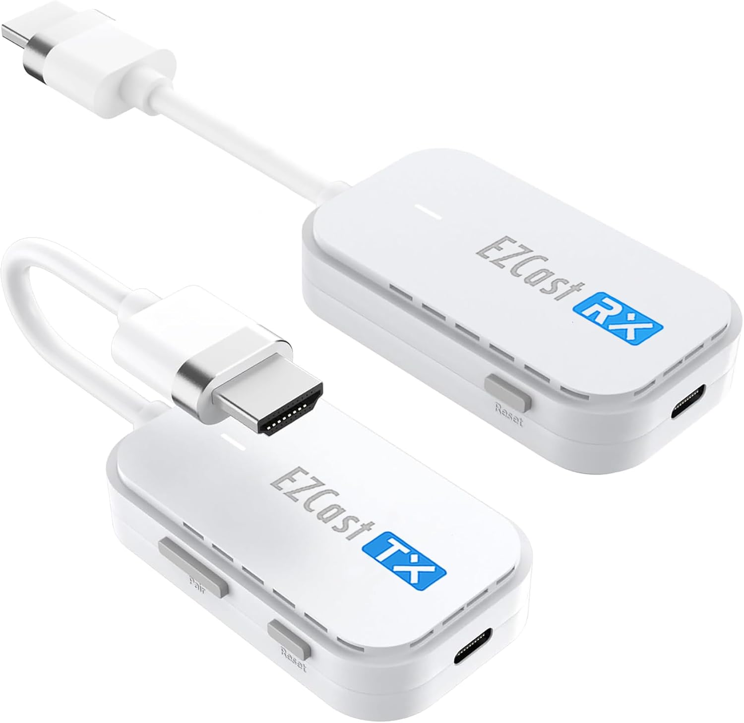 EZCAST-POCKET - Computech-Solutions White EZCast TX wireless display adapter with HDMI and USB-C connectors, used to cast/screen mirror content to a display.