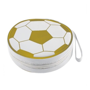Round white zipper pouch with a yellow-and-white soccer-ball–pattern lid and a white wrist strap