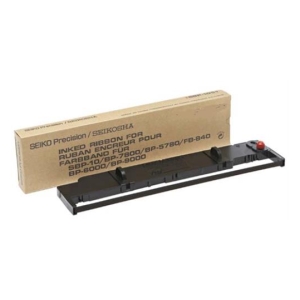 Seiko inked ribbon cartridge placed in front of a box labeled with model numbers (for a printer).