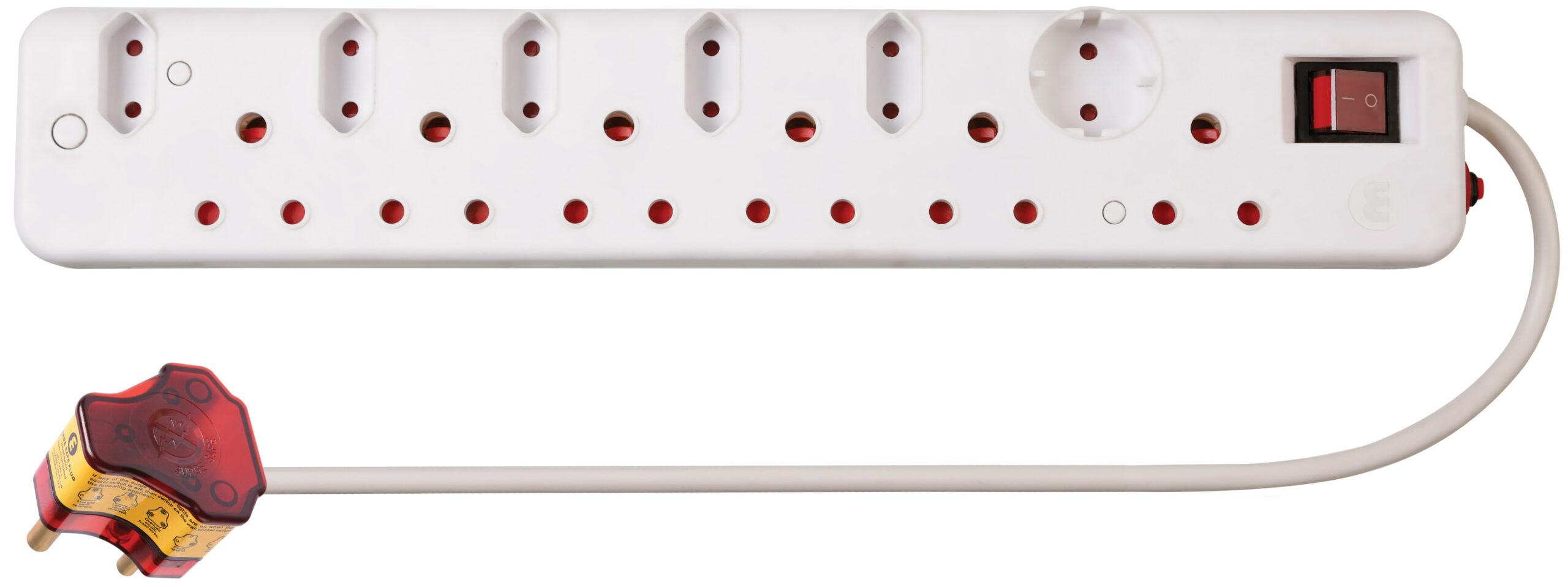 FBWP5 - Computech-Solutions White power strip with multiple outlets, a red on/off switch, and a long cord.