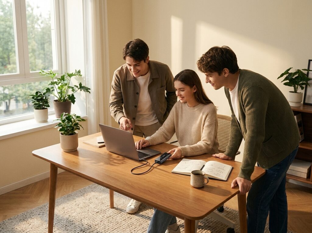 Three coworkers collaborate around a wooden desk, looking at a laptop screen in a bright home office with plants nearby.