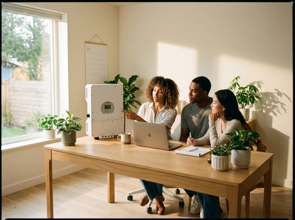 Three coworkers at a wooden table in a bright home office examine a white 3D printer while a laptop sits nearby.