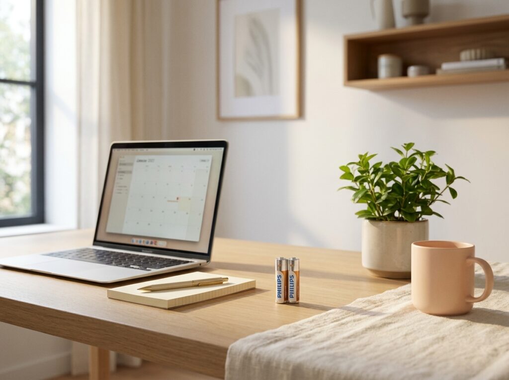Open laptop on a wooden desk with a notebook, pencil, and two Philips batteries nearby beside a potted plant and pink mug on a bright workspace.