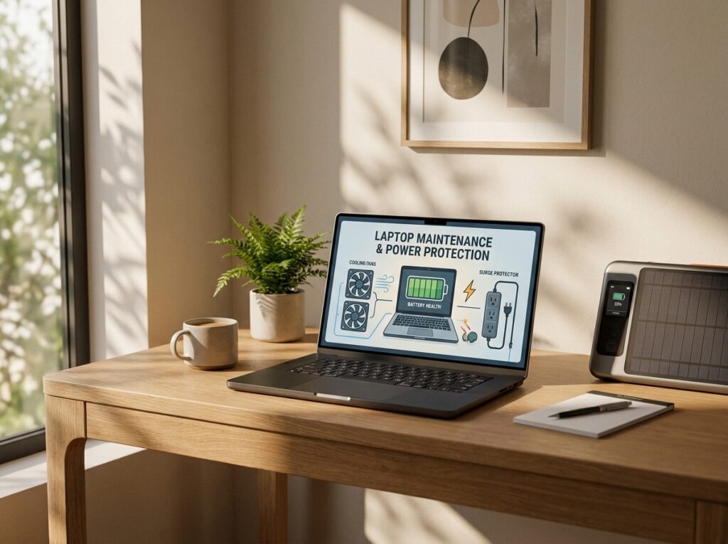 Laptop on a wooden desk shows a slide titled 'Laptop Maintenance & Power Protection' with icons and battery graphics, beside a plant and mug (home office).