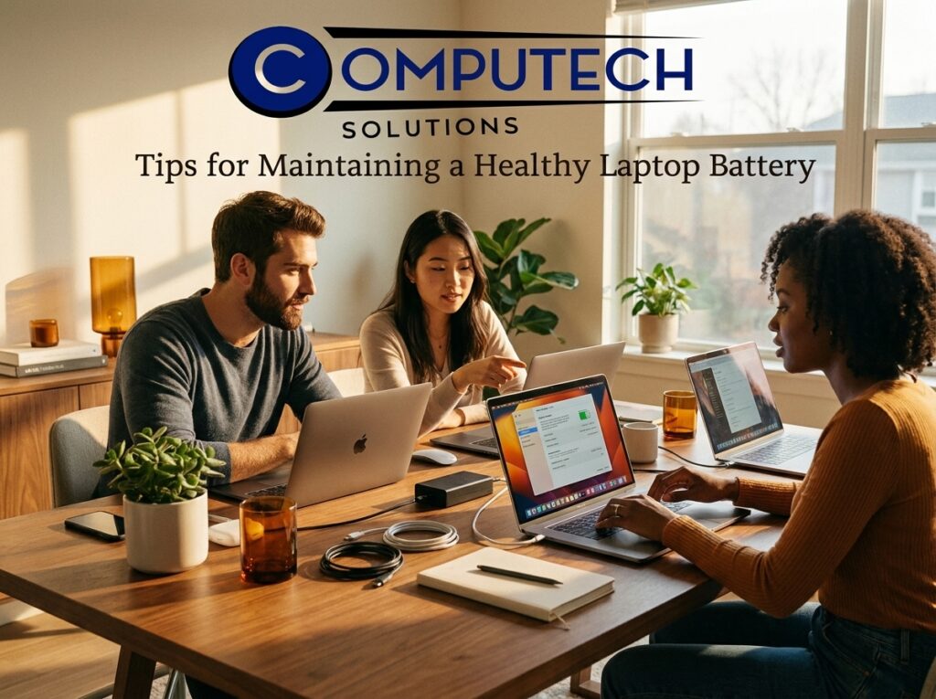 Three people work at a wooden table with laptops; overlay reads 'Tips for Maintaining a Healthy Laptop Battery' and 'COMPUTECH Solutions'.