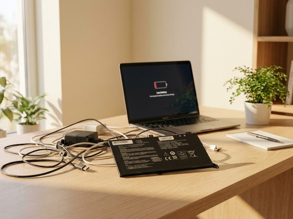 Laptop on a wooden desk charging, surrounded by tangled cables, with a notebook and a potted plant nearby.