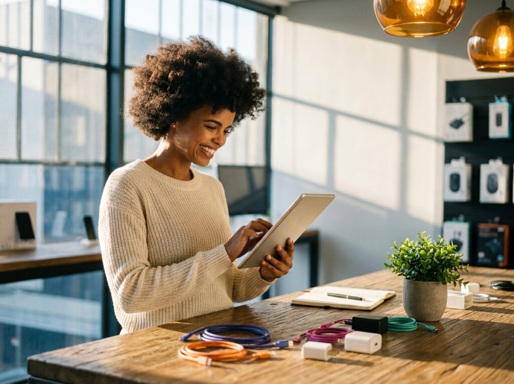 Smiling woman in a cream knit sweater uses a tablet at a wooden work table with colorful cables and a potted plant nearby.