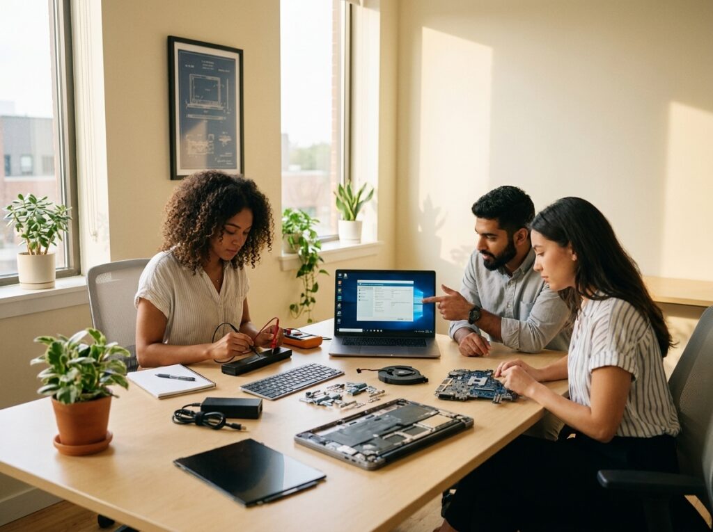 Three coworkers at a bright office table assembling computer hardware, with a laptop and scattered components.