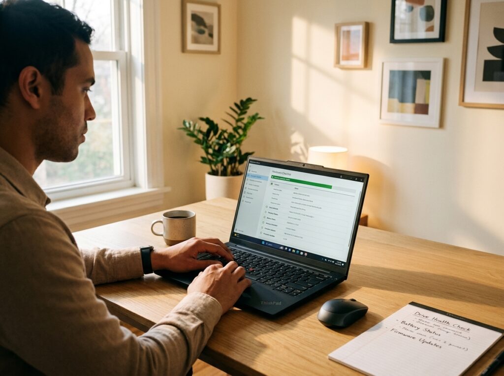 Person typing on a laptop at a wooden desk in a bright home office, with a plant, mug, and framed art on the wall behind him.