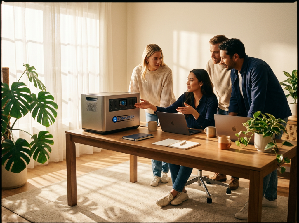 Four coworkers discuss a compact power generator on a wooden desk in a bright, plant-filled office, laptops open and notes ready.