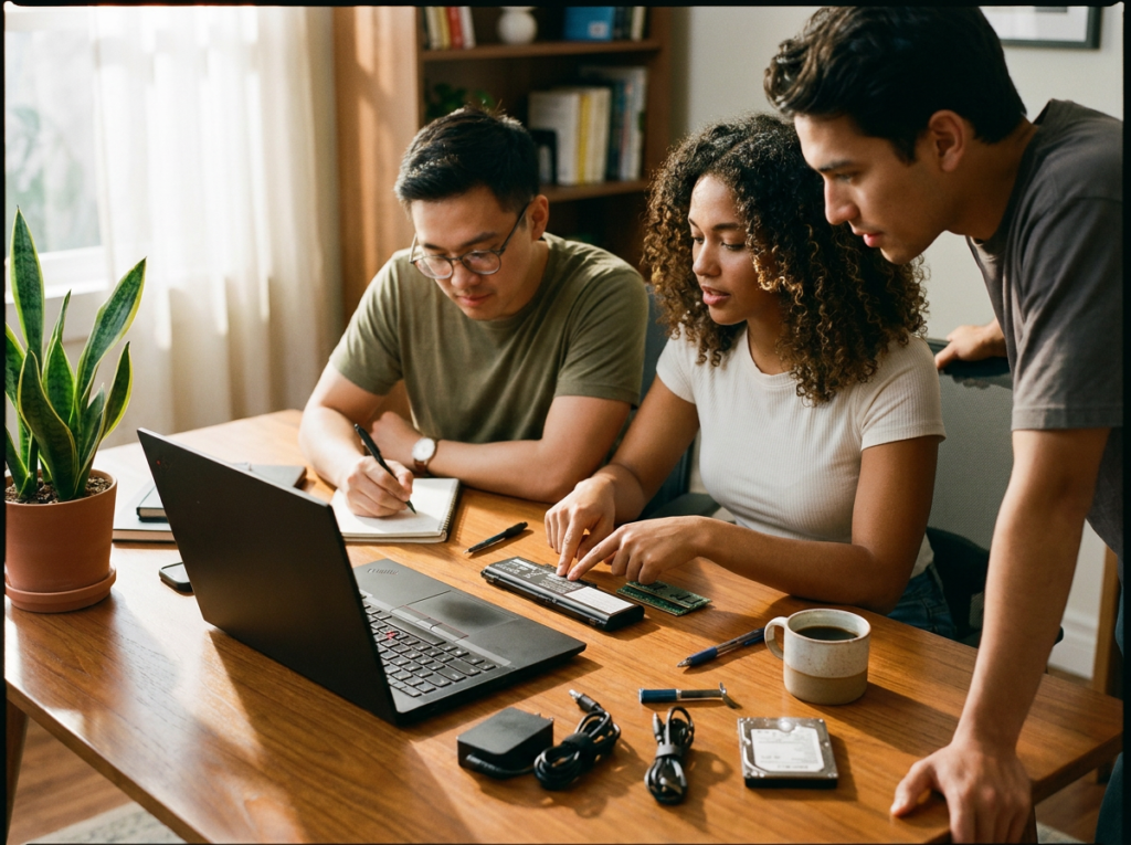 Three people work at a wooden table assembling computer hardware, with a laptop, RAM, and a hard drive visible on the desk.