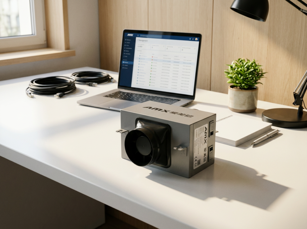 AMX AV processor on a clean white desk with a laptop, notebook, cables, and a plant in a bright office setting.