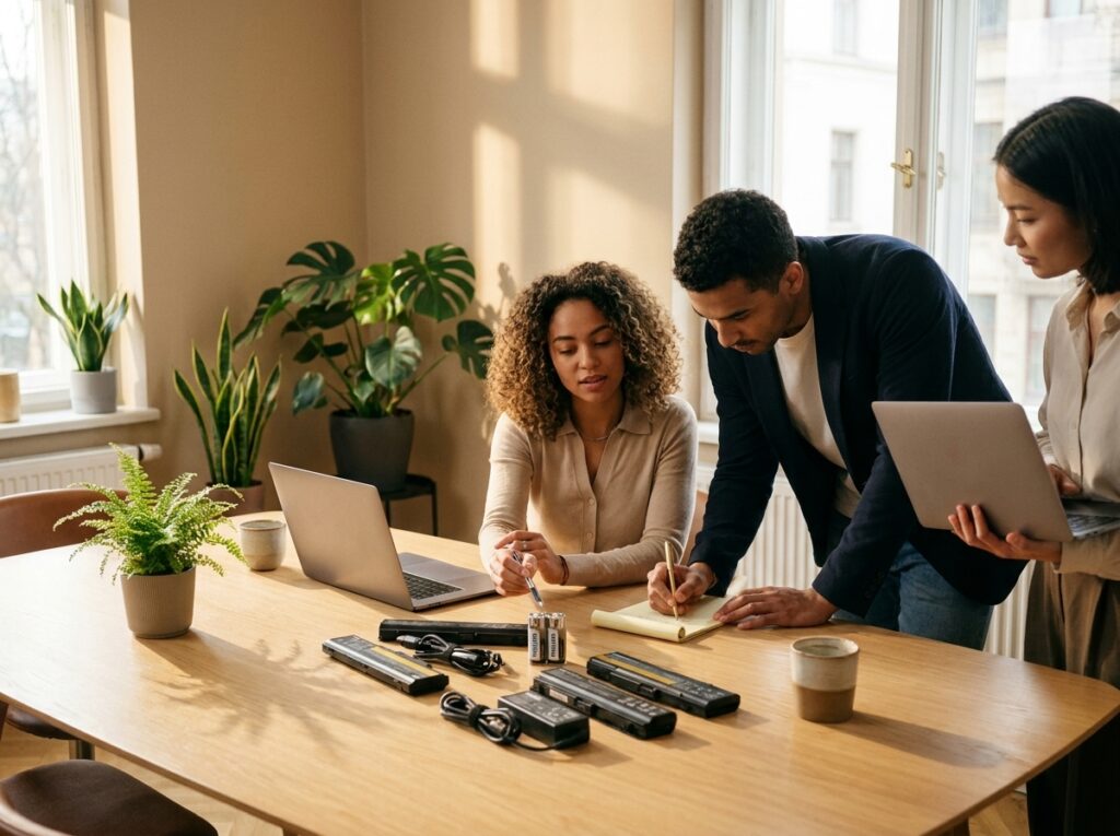 Three coworkers collaborate around a wooden table with laptops and camera gear, one writing in a notebook in a bright, plant-filled office.