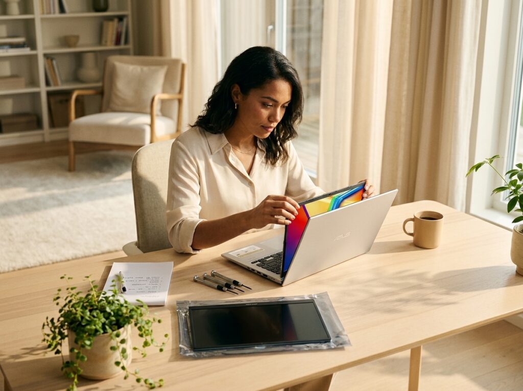 Woman sits at a bright home desk, opening a silver laptop with a colorful screen.