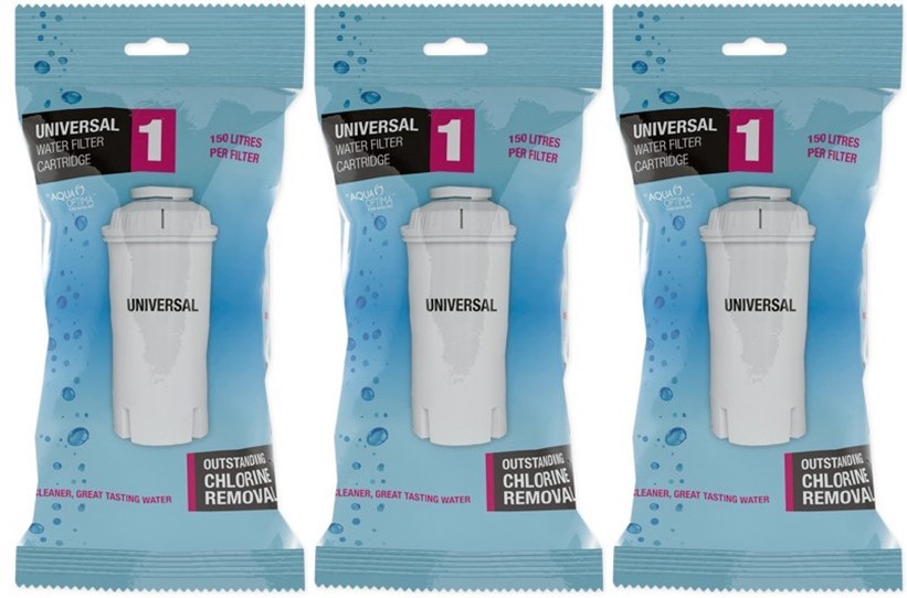 FILTER01 - Computech-Solutions Three universal water filter cartridges in blue packaging displayed side by side, each with a white cylindrical cartridge labeled 'UNIVERSAL' and a prominent '1' on the package.