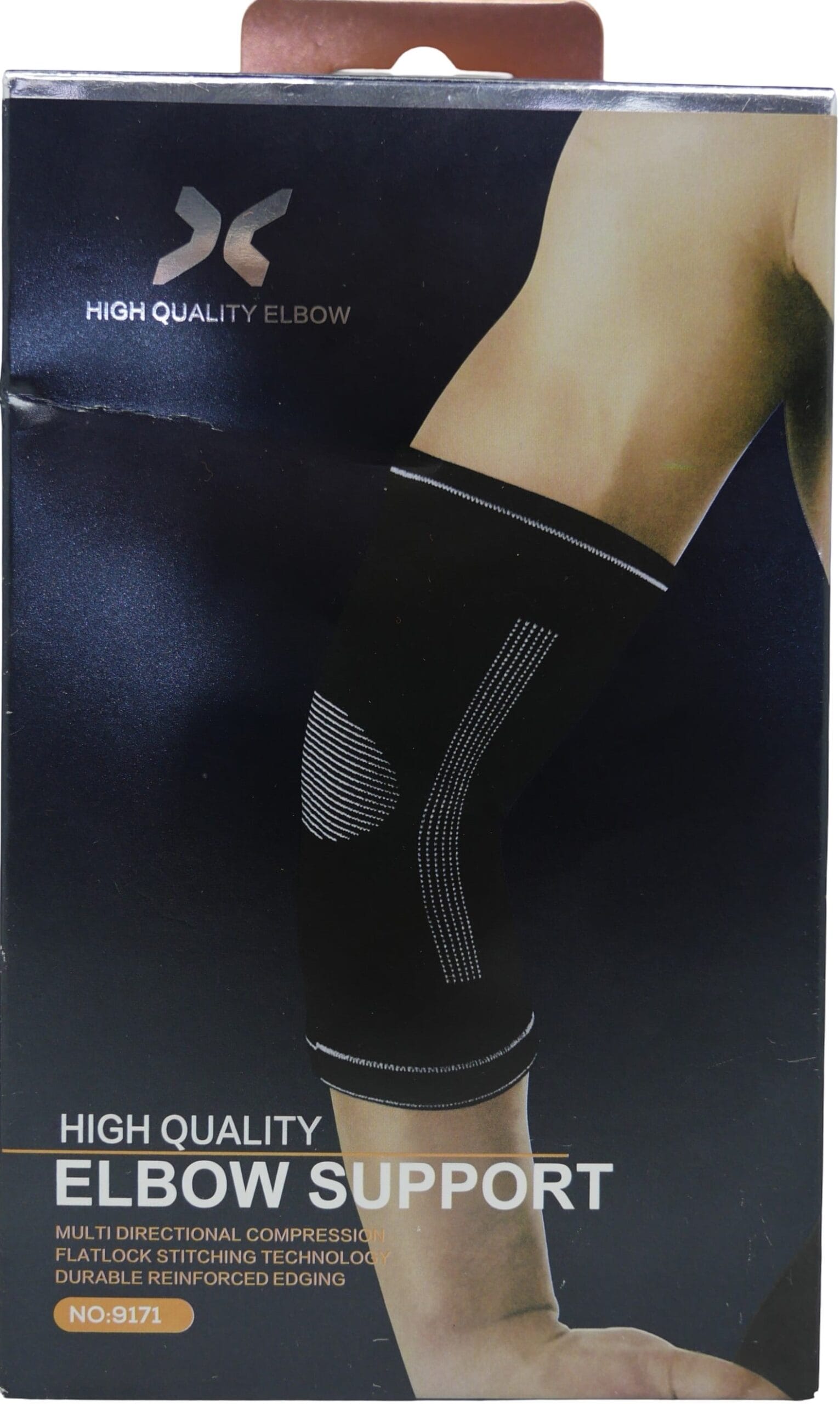 FLXG9171 - Computech-Solutions Packaging for High Quality Elbow Support, featuring a leg wearing a black compression sleeve and product features on the box