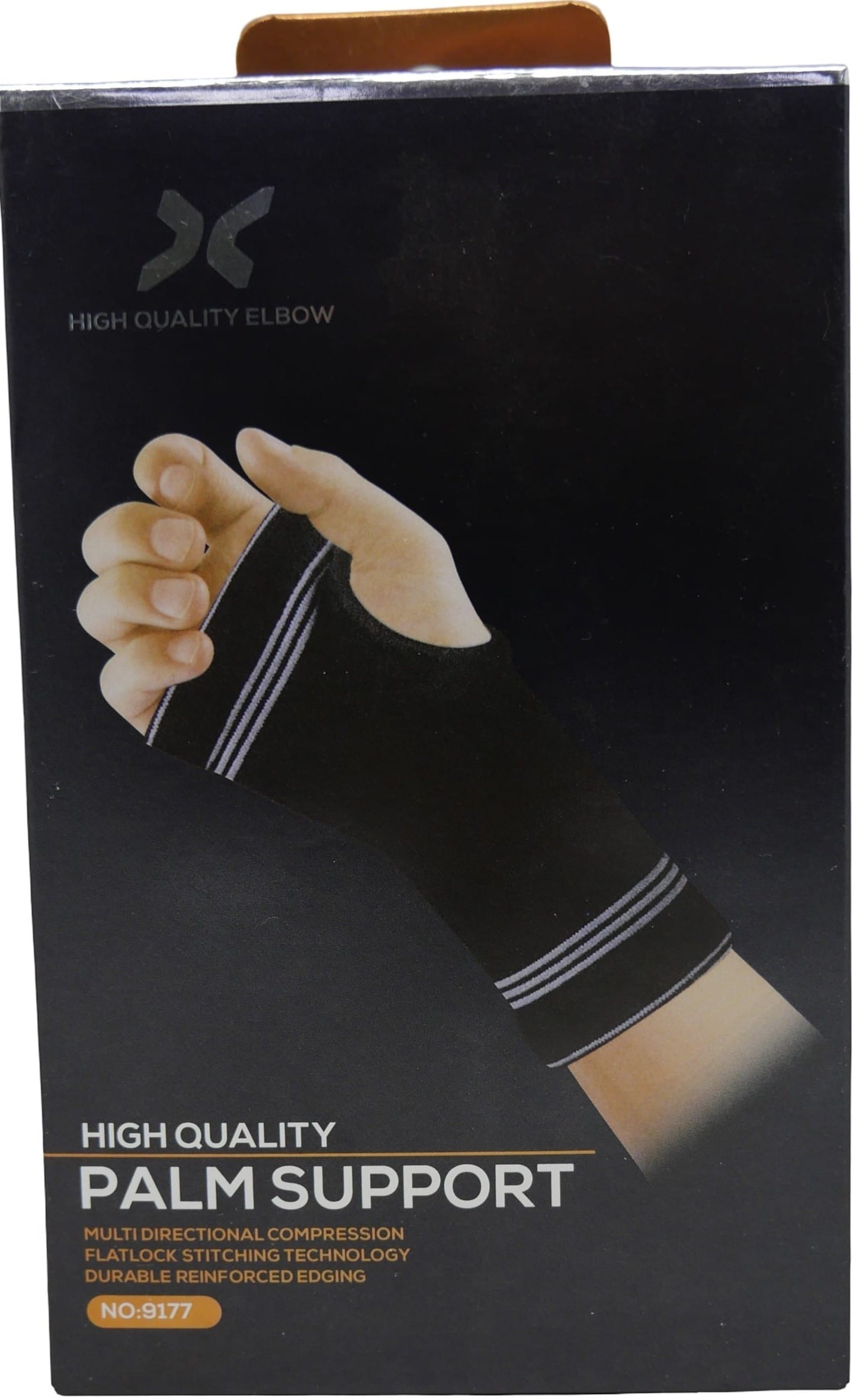 FLXG9177 - Computech-Solutions Packaging for a high-quality palm support with a hand wearing a black compression sleeve with white stripes against a dark background.