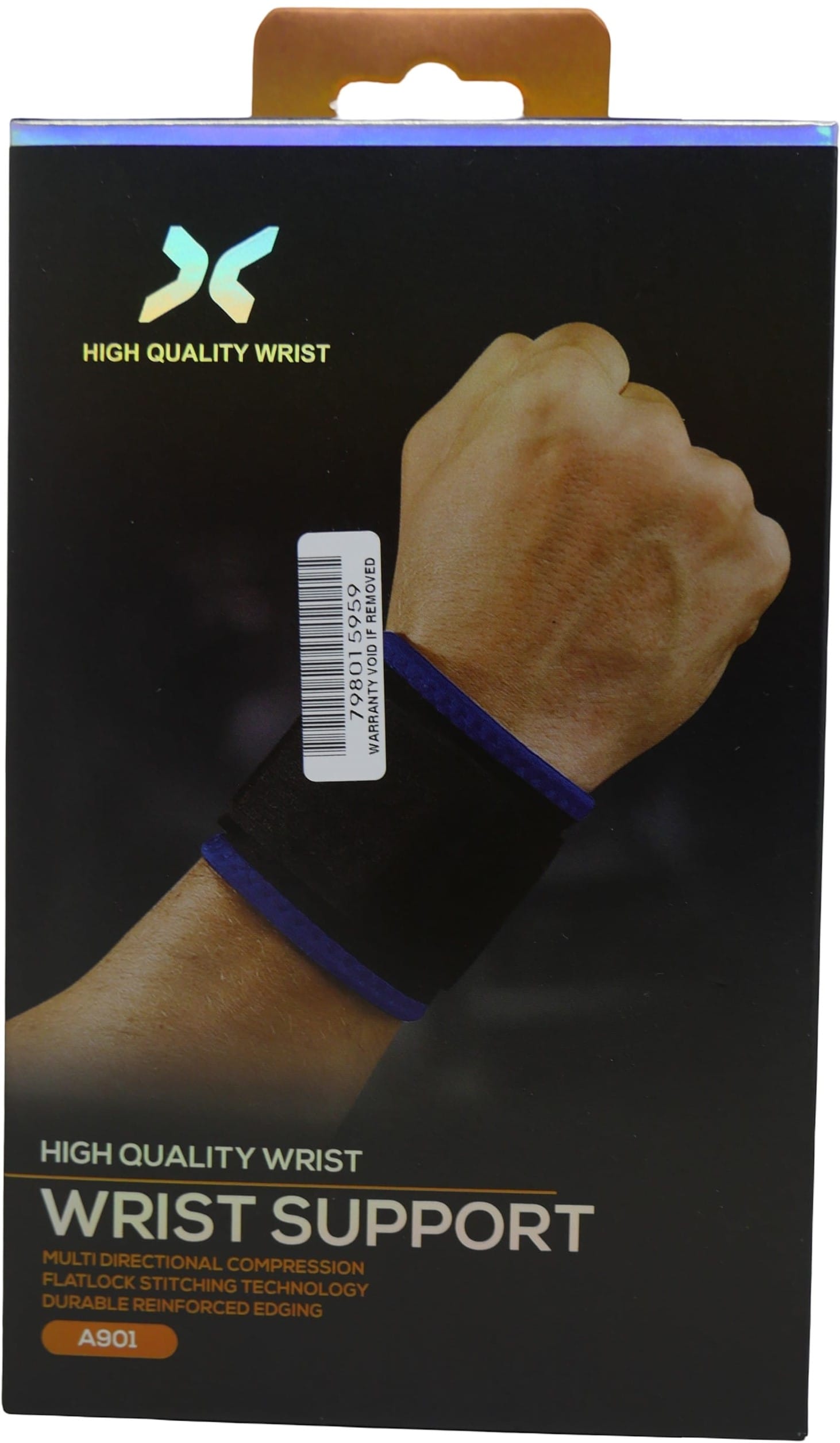 FLXGA901 ComputechSolutions Product packaging for a wrist support showing a hand wearing a blue Velcro wrist brace with 'HIGH QUALITY WRIST' and 'WRIST SUPPORT' text on the box.