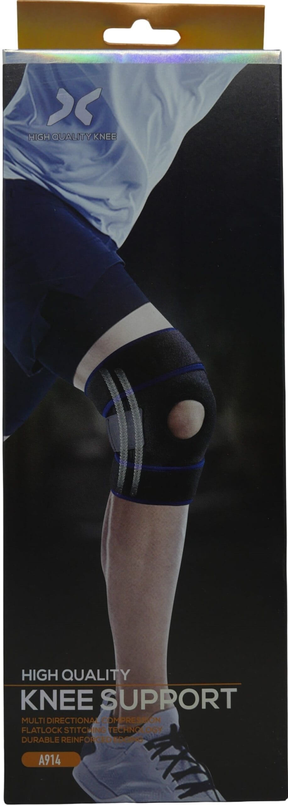 FLXGA914 - Computech-Solutions Package for High Quality Knee Support featuring a person wearing a knee brace on their leg; shows white and black wrap with straps and a white athletic shoe (model A914).