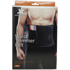 Packaging for a waist trimmer belt featuring a torso wearing a black waist belt with a phone in the pocket.