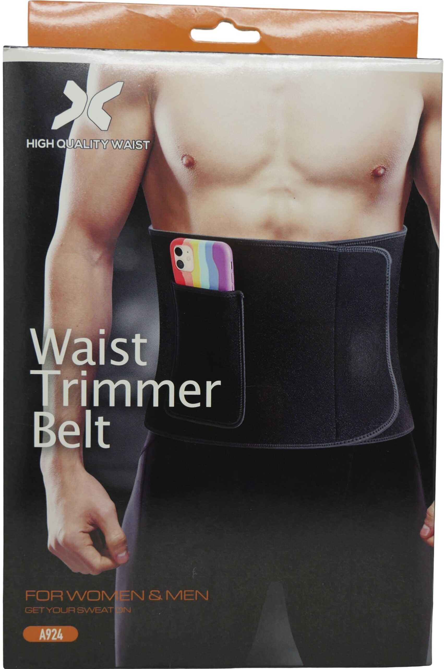 FLXGA924 - Computech-Solutions Packaging for a waist trimmer belt featuring a torso wearing a black waist belt with a phone in the pocket.