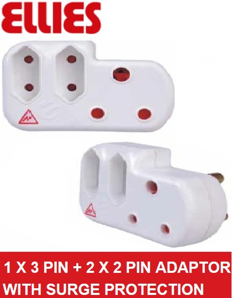 FNC35 - Computech-Solutions White Ellies surge-protected multi-plug adaptor with one 3-pin outlet and two 2-pin adaptor ports, shown from two angles