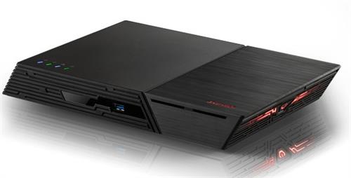 FS6706T - Computech-Solutions Black gaming desktop with a two-part angled chassis, blue status LEDs, and front USB ports.