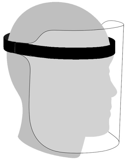 FSEL01BK - Computech-Solutions Head in profile wearing a black strap face shield, view from the side with curved shield around face
