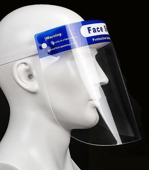 FSEL02BLU ComputechSolutions Mannequin head wearing a clear plastic face shield with a blue header labeled Face Shield for facial protection.