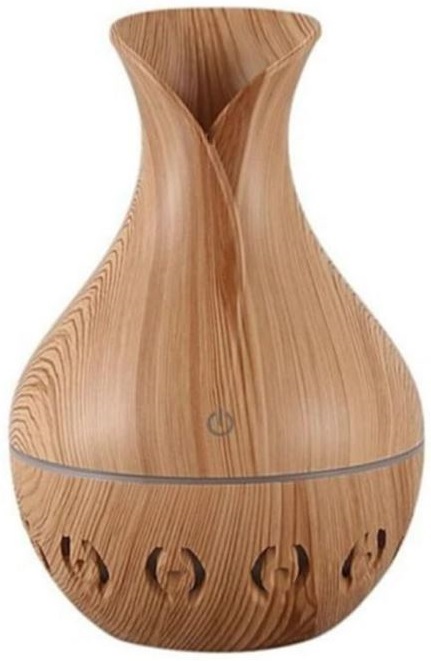 FT-036-LHWG - Computech-Solutions Wooden-look essential oil diffuser with a curved, vase-like design and multiple vent openings at the base