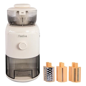 White electric juice extractor with a feeding chute and pulp container, plus three orange attachments for shredding/grating or juicing.