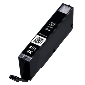 Black printer ink cartridge labeled 451 BK with QR code and 'Made in Japan' text.