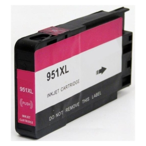 Magenta 951XL inkjet cartridge with white label and DO NOT REMOVE THIS LABEL text (angled side view).