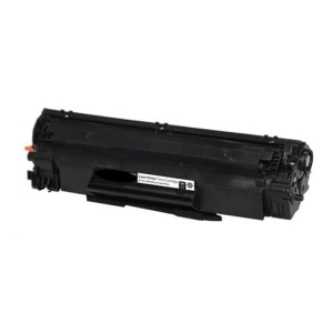Black laser printer toner cartridge shown in isolation with orange chip at one end.
