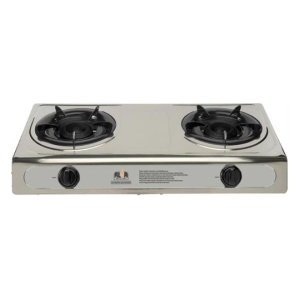 Two-burner portable gas stove with black control knobs on the front panel.