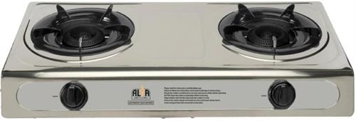 Two-burner portable gas stove with black control knobs on the front panel.