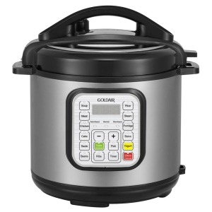 Front view of a Goldair electric pressure cooker showing a digital control panel with labeled buttons (Soup, Rice, Yogurt) and a stainless-steel body.