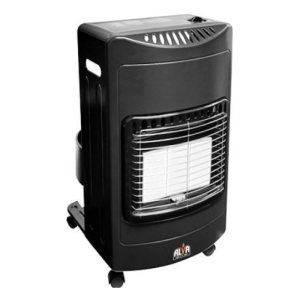 Black portable space heater with a front protective grill and vented top, on wheels for easy moving.