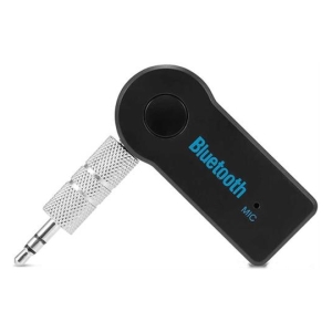 Black Bluetooth wireless microphone adapter with a silver 3.5mm plug and 'MIC' label visible