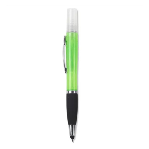 Green translucent ballpoint pen with silver clip and black grip, shown upright with a clear cap.