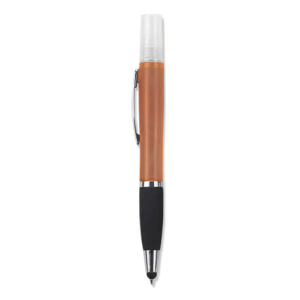 Brown and black retractable ballpoint pen with a silver clip and clear cap on top.