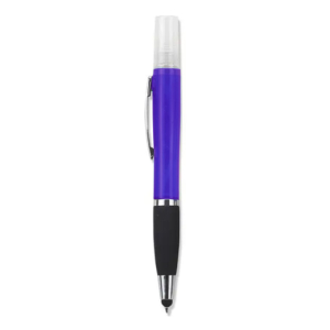 Blue retractable ballpoint pen with a black grip, silver tip, and side clip viewed from the side.