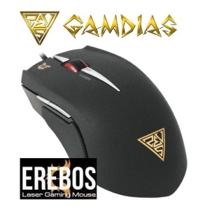 Gamdias Erebos laser gaming mouse in black, angled view with gold logos on body and top corner.
