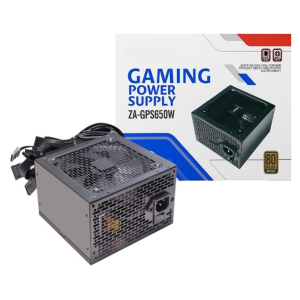 650W gaming power supply with a black metal case and braided cables, shown next to its packaging reading 'GAMING POWER SUPPLY ZA-GPS650W' and an 80 Plus Bronze badge.